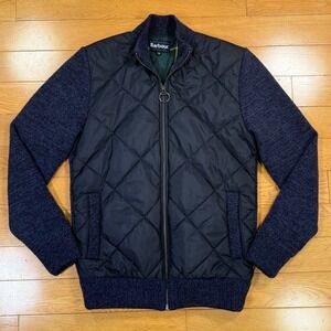 Barbour Medium Arch Diamond Quilted Hybrid Full Zip Wool Knit Jacket Navy Blue
